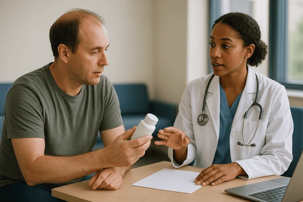 Doctor consulting patient holding medication bottle: Who is usually offered medical treatment first, and who is asked to wai