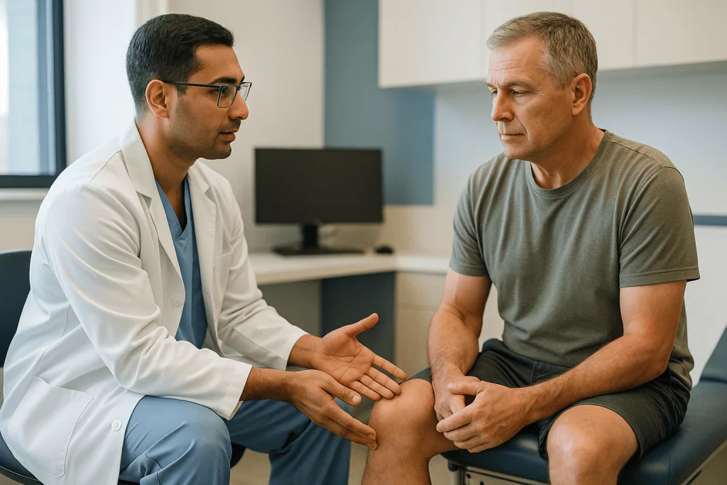 Doctor examining patient's knee joint during consultation: Who is usually offered meniscus surgery, and who is asked to wait