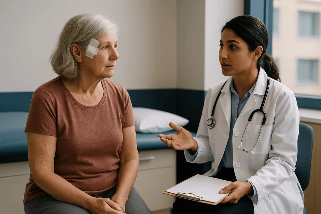 Doctor consulting with older patient in clinical setting: Who is usually offered Mohs surgery, and who is usually asked to w