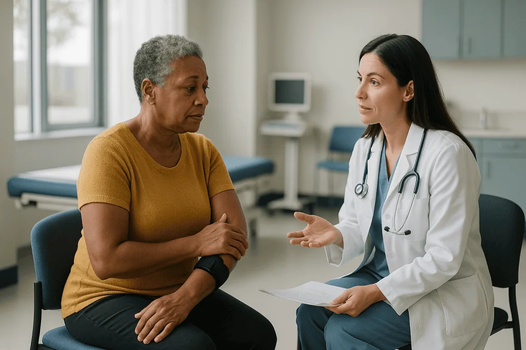 Female doctor consulting with older female patient in clinic: Who is usually offered nerve surgery, and who is asked to wait