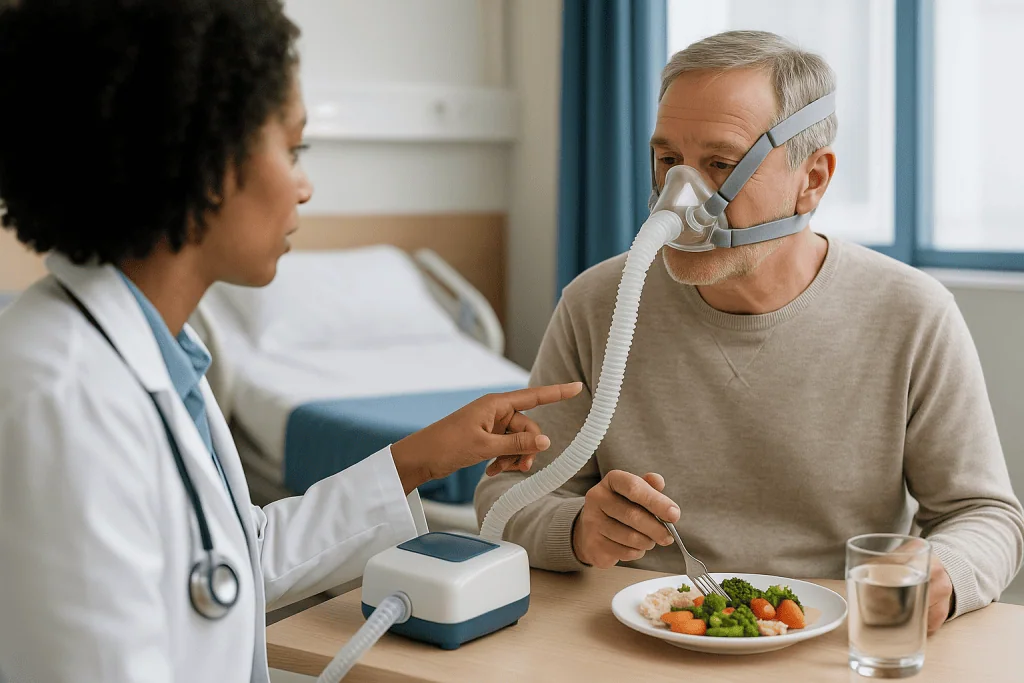 Doctor consulting older patient with CPAP mask during meal: Who is usually offered non-invasive ventilation for ALS, and who
