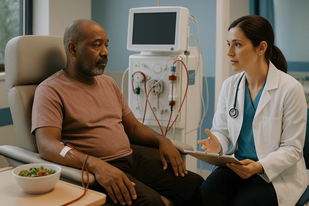 Doctor consulting dialysis patient in medical clinic: Who is usually offered ongoing dialysis, and who is asked to wait?