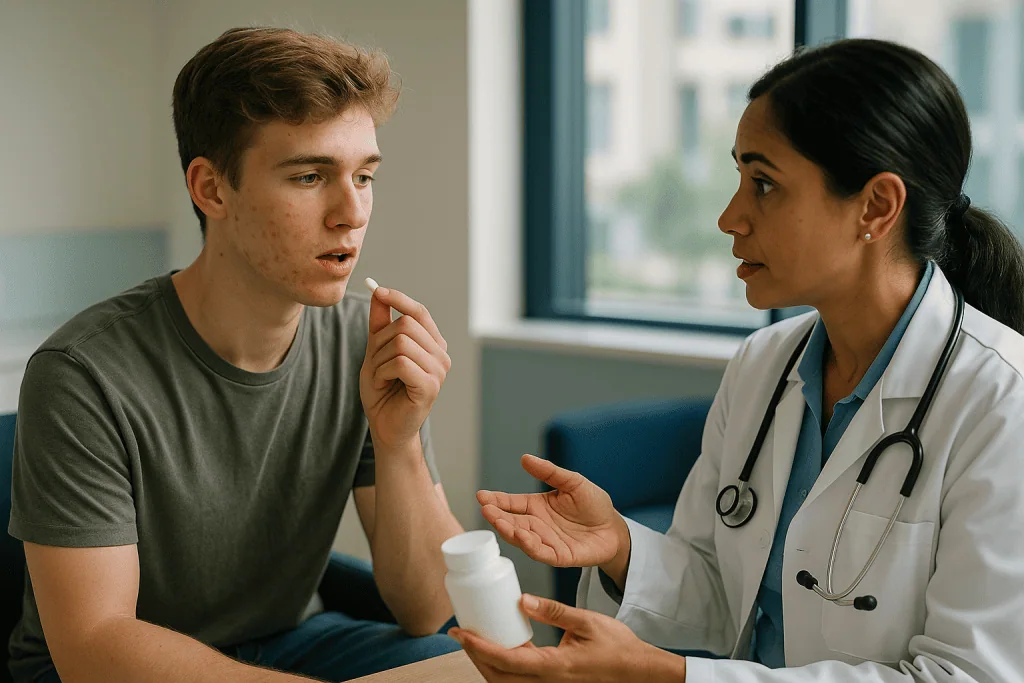Young male patient consulting with female doctor about medication: Who is usually offered oral treatment, and who is asked t