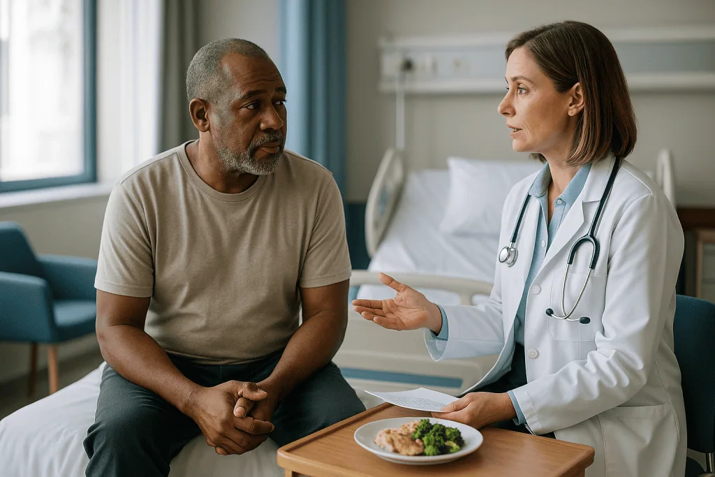 Doctor consulting with male patient in hospital room: Who is usually offered pancreas surgery, and who is asked to wait?