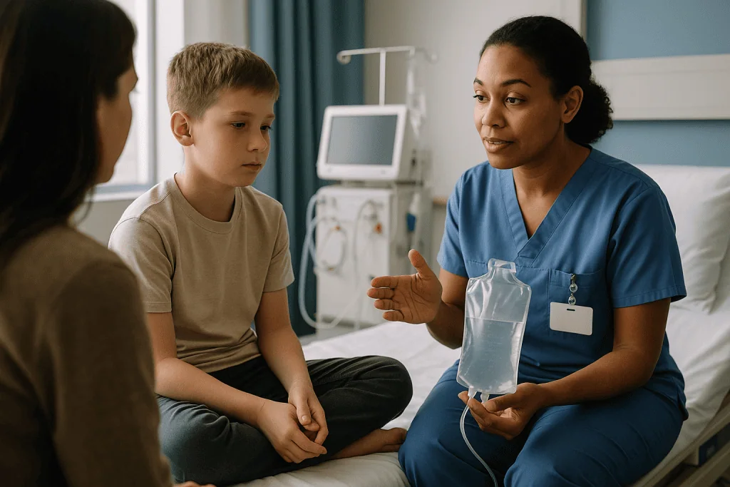 Healthcare provider consulting with child patient and parent: Who is usually offered peritoneal dialysis first, and who is u