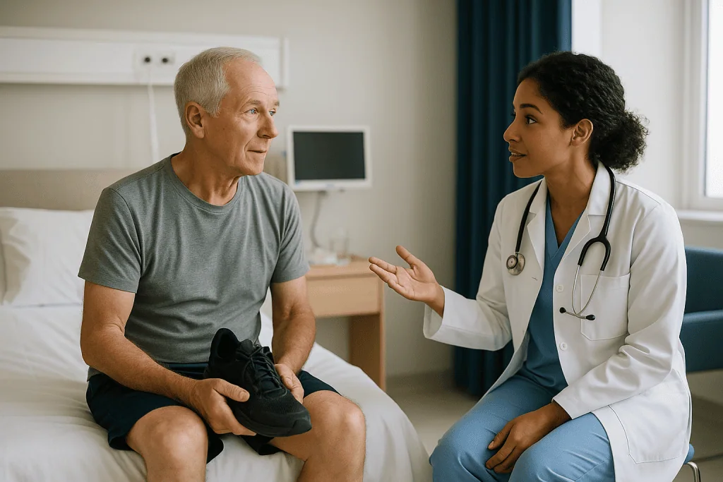 Doctor consulting with older male patient in hospital room: Who is usually offered PFO closure, and who is usually asked to 