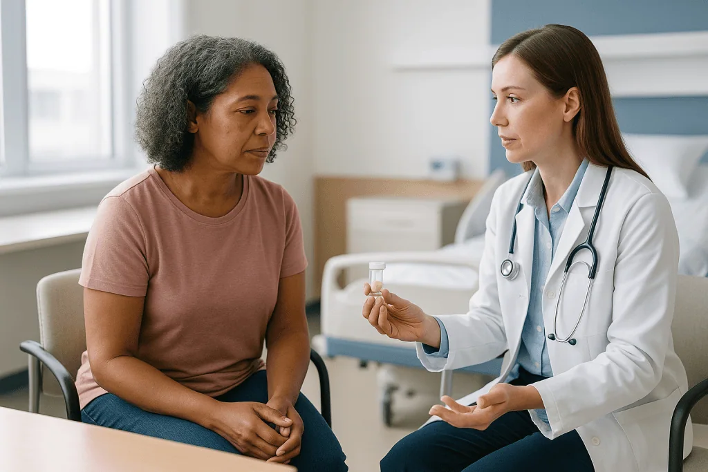 Doctor showing medication sample to patient in consultation: Who is usually offered post thyroidectomy radioactive iodine, a