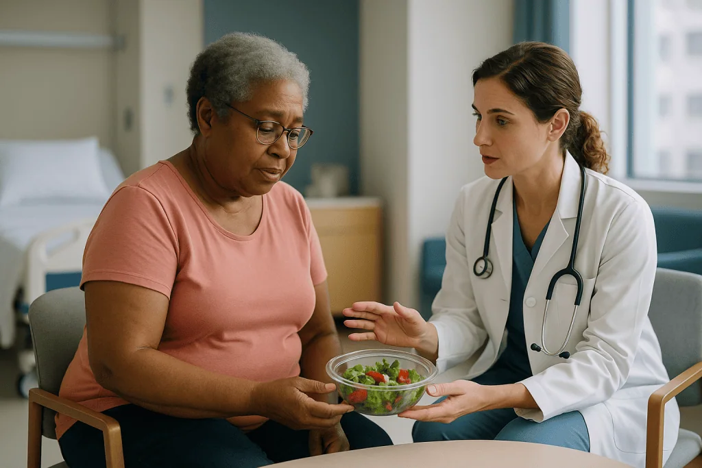 Doctor consulting patient about healthy diet with salad: Who is usually offered reconstruction, and who is asked to wait