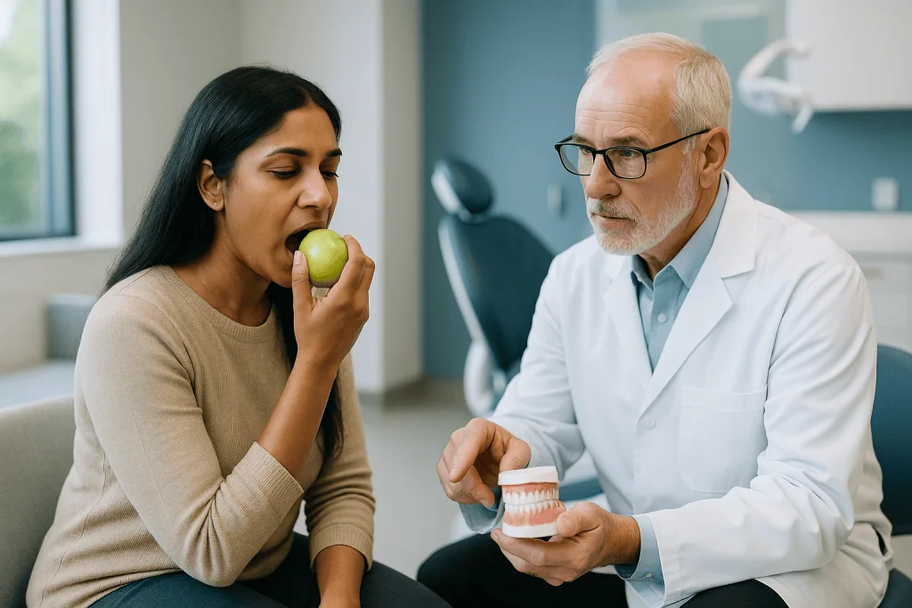 Dentist showing teeth model to patient eating apple — Who is usually offered removal, and who is usually asked to wait