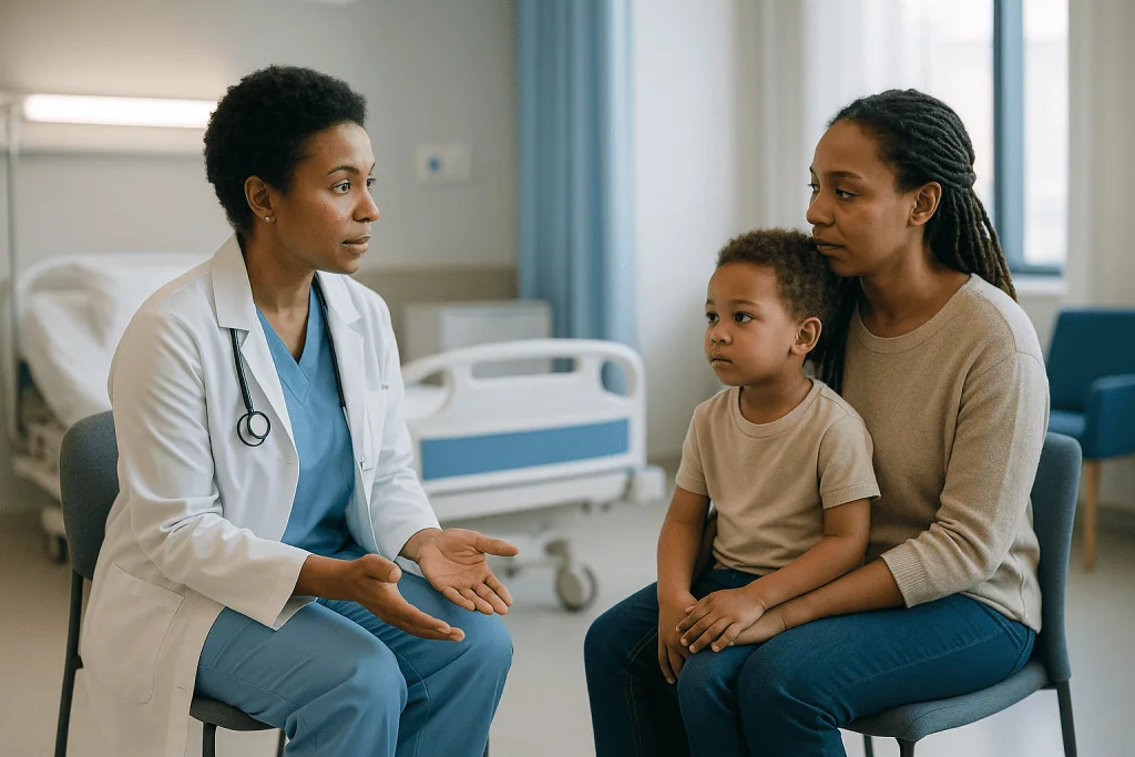 Female doctor consulting with mother and young child in hospital: Who is usually offered repair, and who is asked to wait?