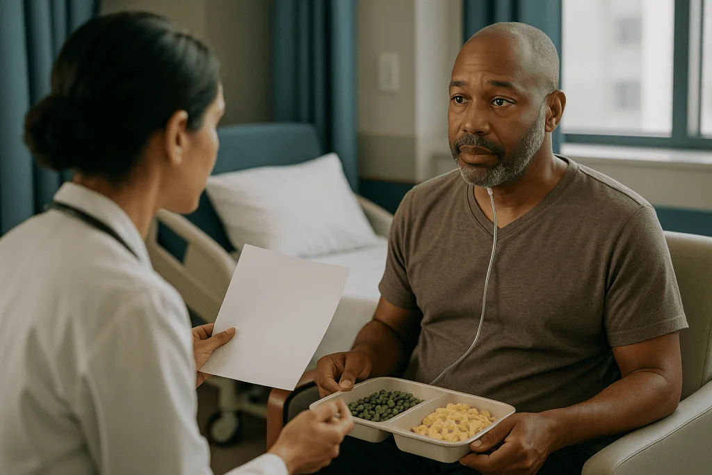 Patient receiving meal tray during hospital visit: Who is usually offered repair, and who is asked to wait
