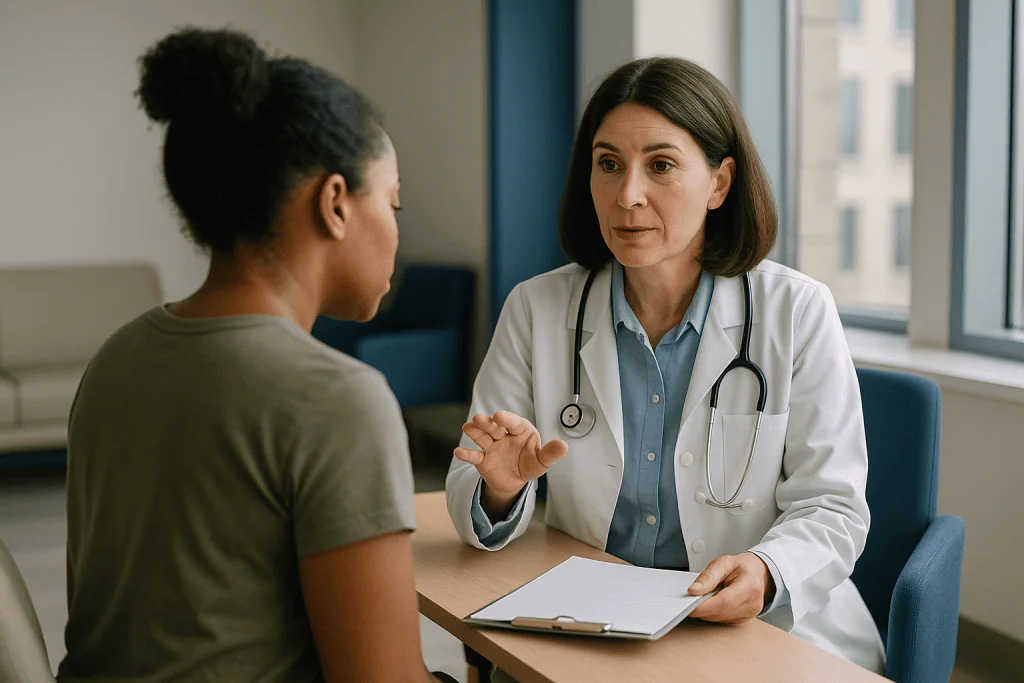 Doctor consulting patient in clinical office setting: Who is usually offered reproductive system tests, and who is asked to 