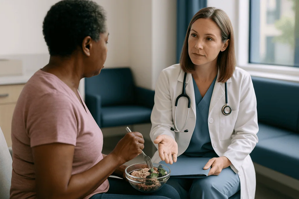 Doctor consulting patient about diet and nutrition: Who is usually offered robotic gallbladder removal, and who is asked to 