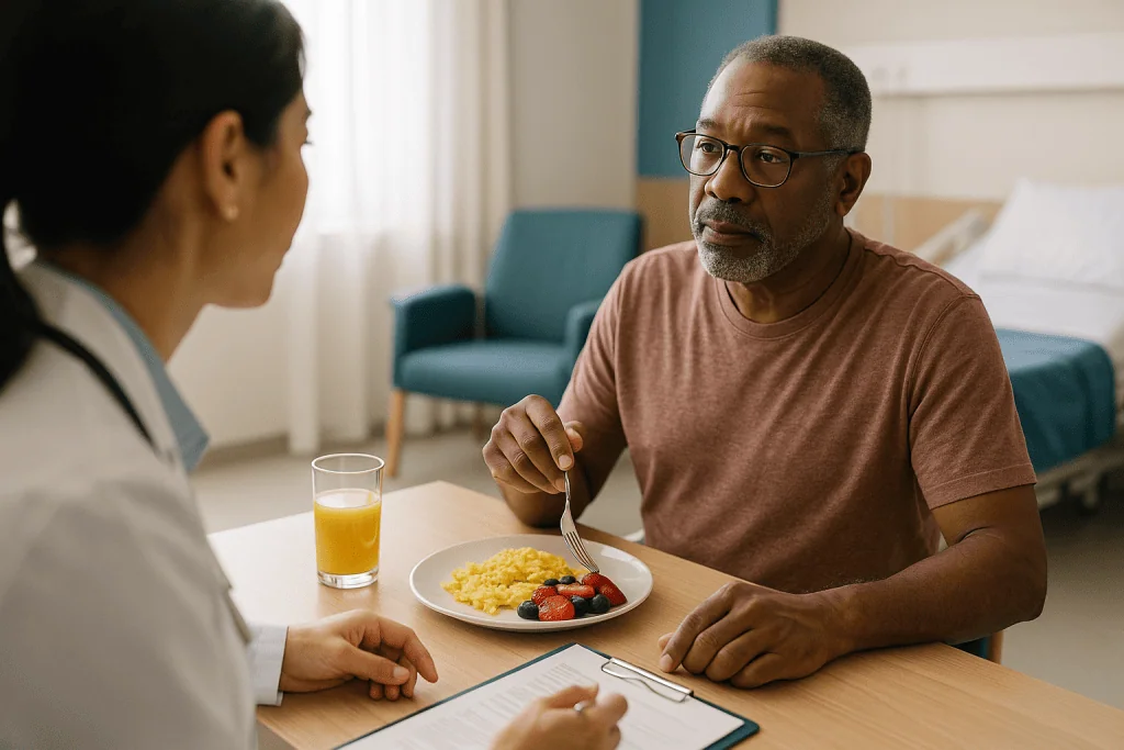 Man eating breakfast while consulting with healthcare provider: Who is usually offered robotic prostatectomy, and who is usu