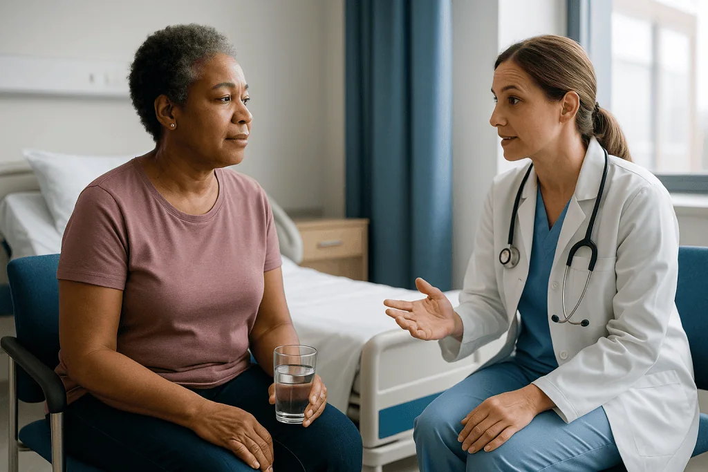 Doctor consulting with patient in hospital room: Who is usually offered same-day discharge, and who is asked to wait