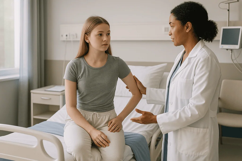 Doctor consulting young patient in hospital room — Who is usually offered spinal fusion for scoliosis, and who is asked to wa