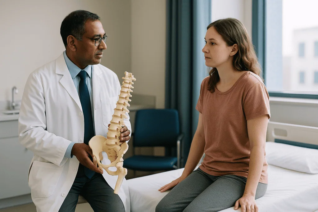 Doctor explaining spine model to patient in consultation: Who is usually offered spinal fusion for scoliosis, and who is ask