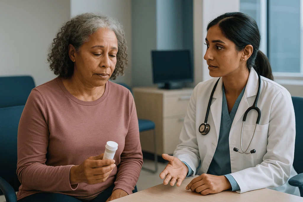 Doctor consulting with older female patient about medication: Who is usually offered steroids for an MS relapse, and who is 