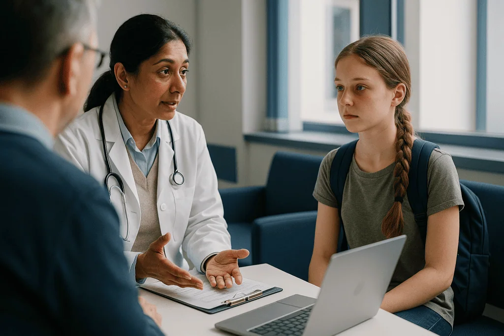 Doctor consulting with young patient and parent at desk: Who is usually offered strabismus surgery, and who is asked to wait