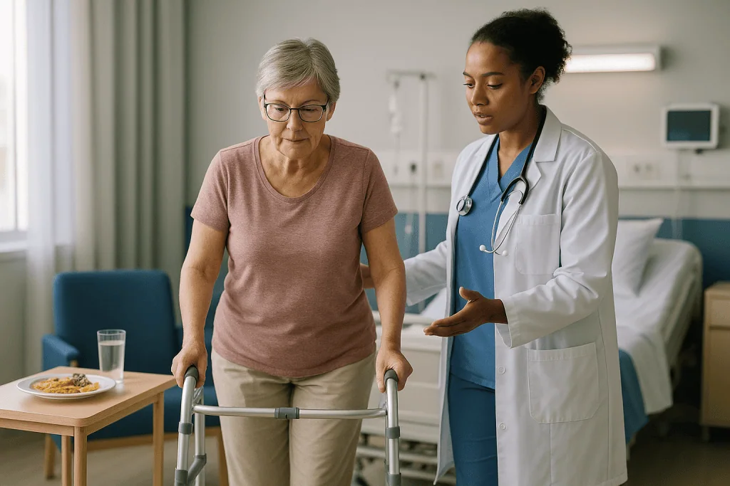 Senior woman using walker with doctor supervising: Who is usually offered surface reconstruction, and who is asked to wait
