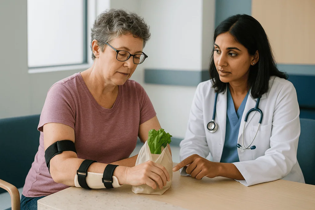 Doctor examining patient's arm with orthopedic brace: Who is usually offered surgery, and who is asked to wait