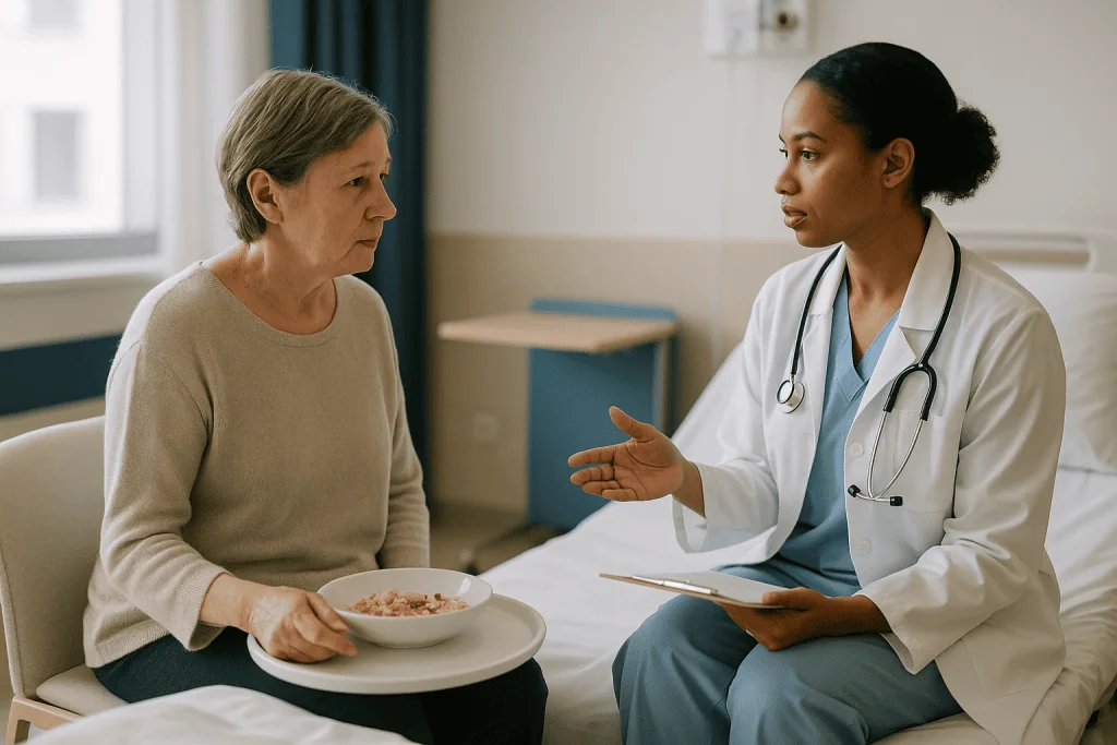 Doctor consulting patient with food bowl present: Who is usually offered surgery, and who is asked to wait