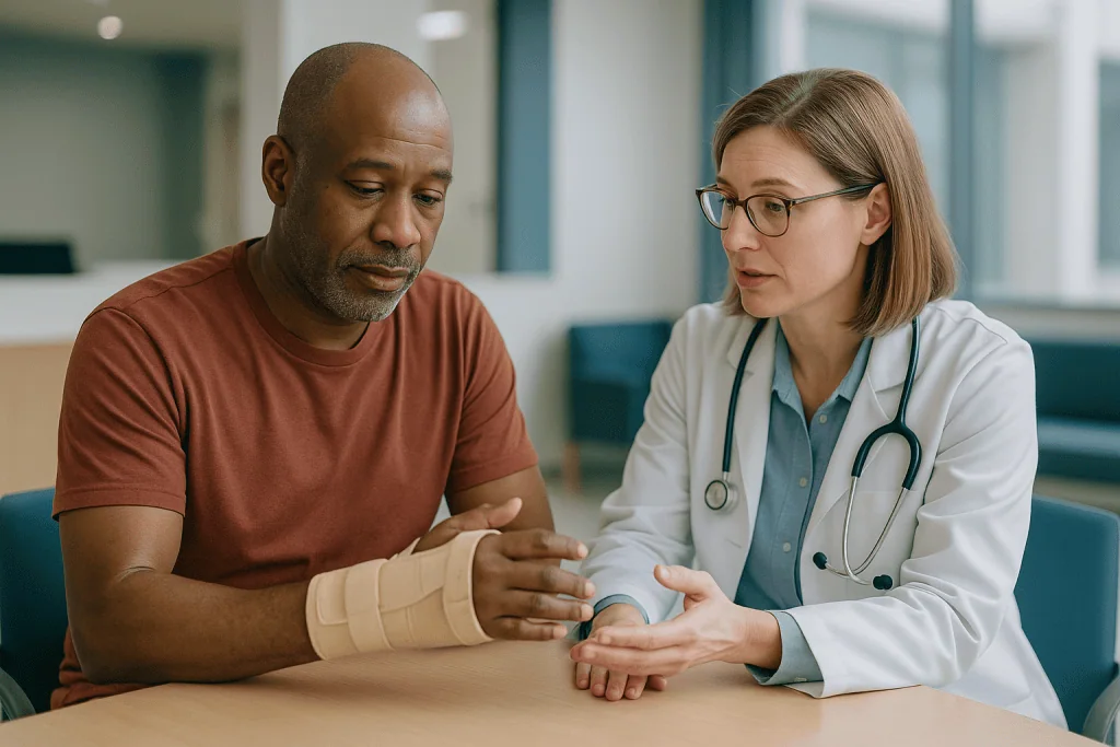 Doctor examining patient's bandaged wrist or hand: Who is usually offered surgery, and who is asked to wait