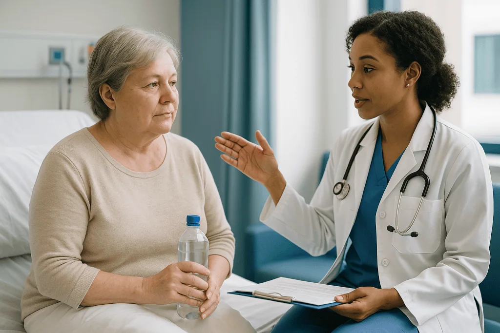 Doctor consulting senior patient in hospital room: Who is usually offered surgery, and who is asked to wait?