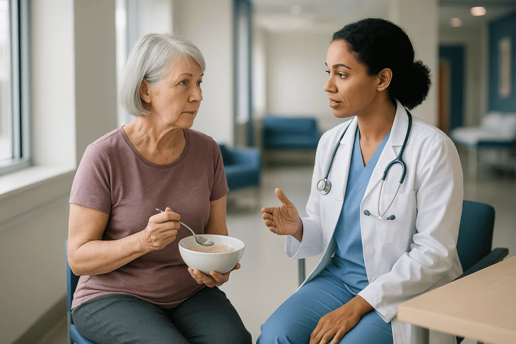 Doctor consulting with older female patient about diet: Who is usually offered surgery, and who is asked to wait?