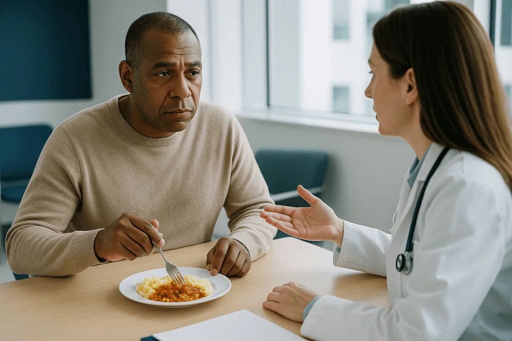 Doctor consulting patient with food plate present: Who is usually offered surgery, and who is usually asked to wait
