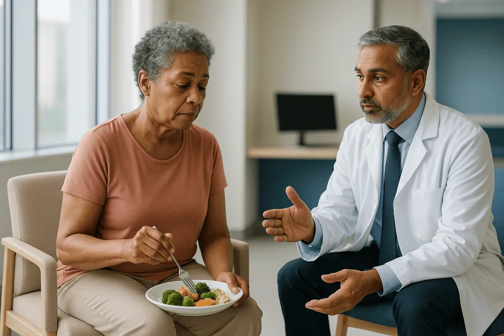 Doctor consulting patient about nutrition with vegetables: Who is usually offered surgery, and who is usually asked to wait?