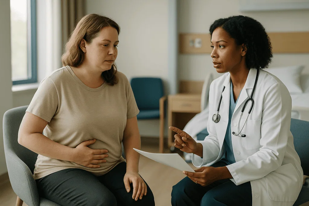 Doctor consulting with patient about abdominal health: Who is usually offered surgery, and who is usually asked to wait