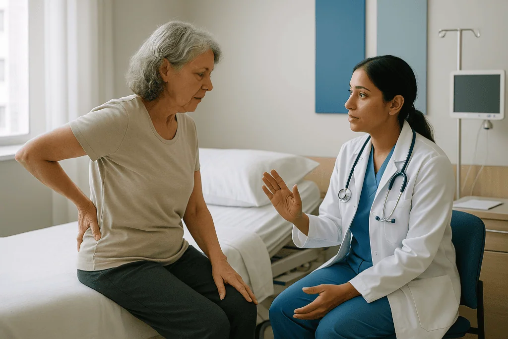 Doctor consulting elderly patient about back pain: Who is usually offered surgery, and who is usually asked to wait