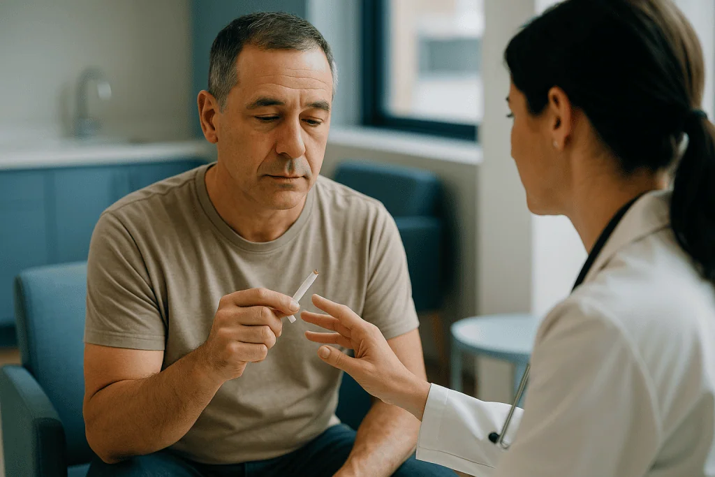 Man with cigarette consulting female healthcare provider indoors: Who is usually offered surgery first, and who is asked to 