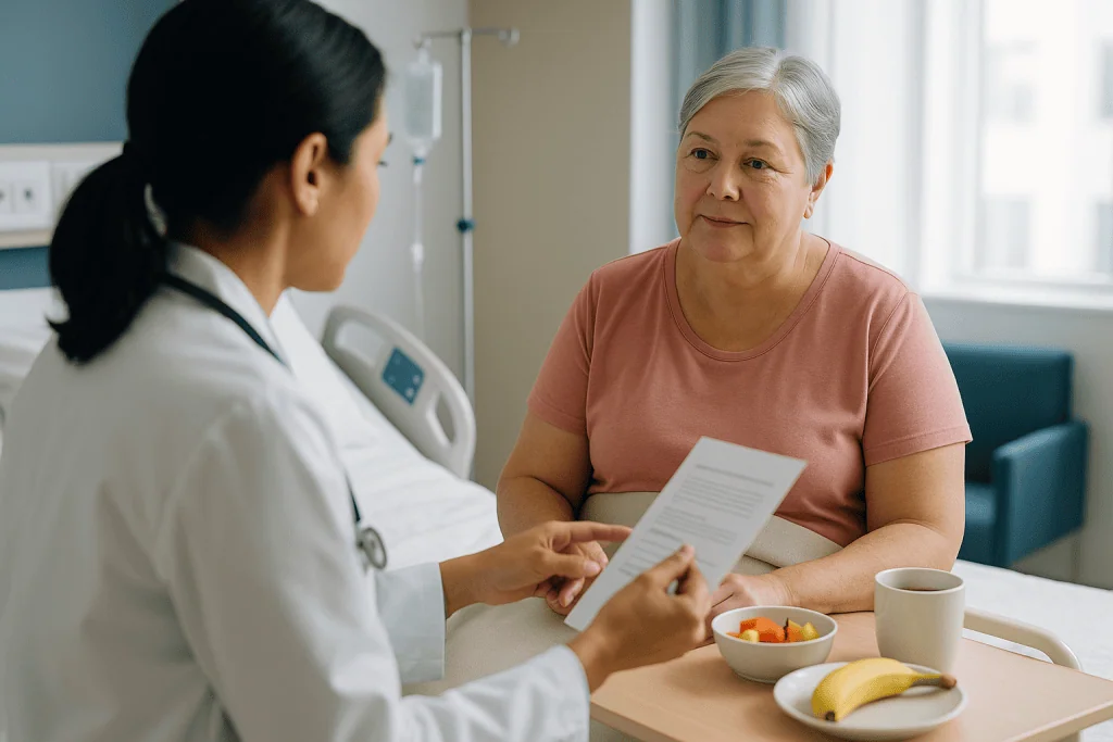 Doctor consulting with older female patient about medical form: Who is usually offered surgery first, and who is asked to wa