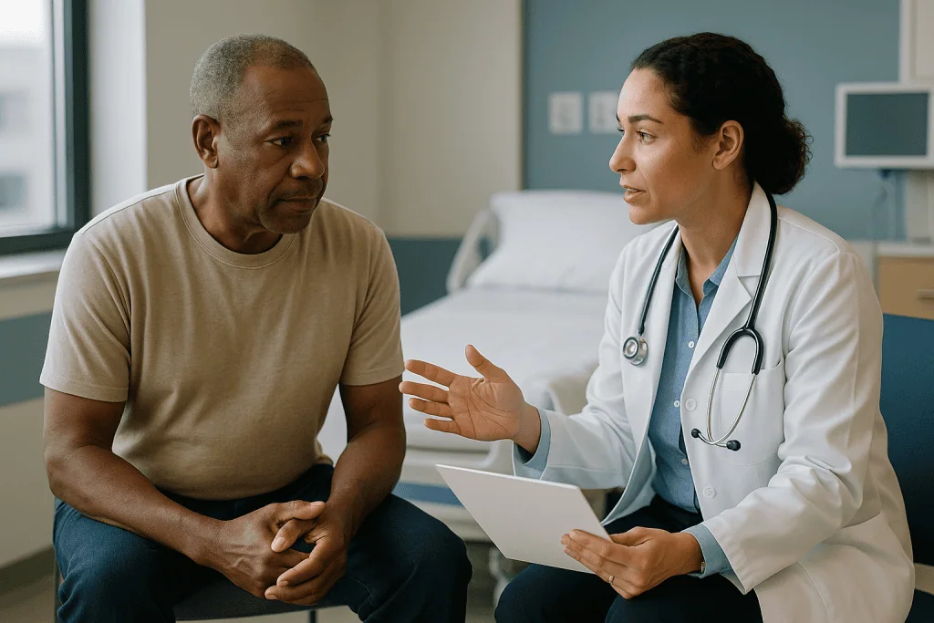 Doctor consulting with male patient in clinical setting: Who is usually offered surgery, who is offered radiation, and who i