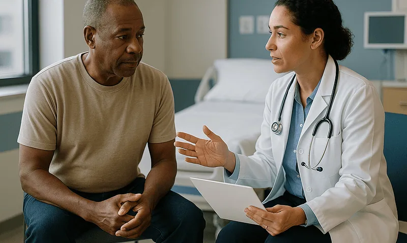 Doctor consulting with a male patient in a hospital room.