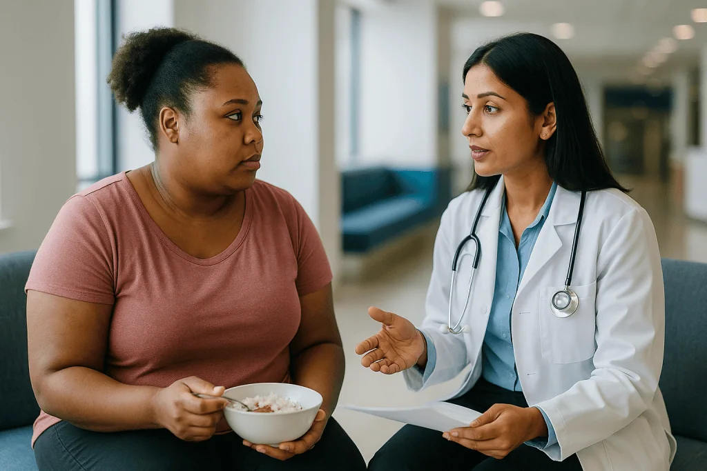 Doctor consulting patient holding bowl of food: Who is usually offered tonsil surgery, and who is asked to wait?