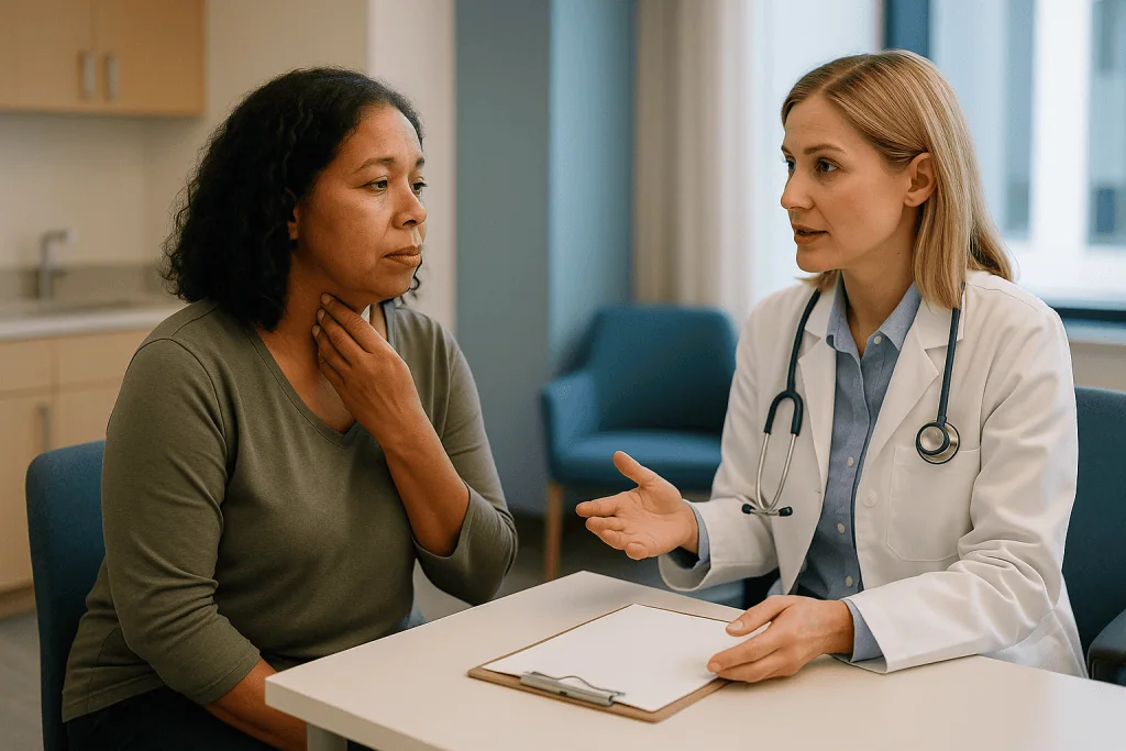 Doctor consulting patient about thyroid or general health: Who is usually offered total thyroidectomy, and who is asked to w