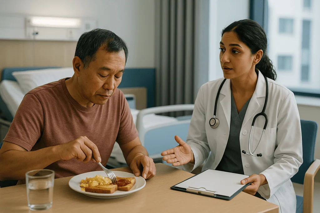 Doctor consulting patient about meal during hospital visit: Who is usually offered treatment, and who is usually asked to wa