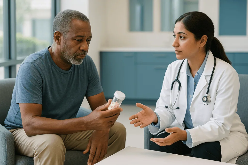 Doctor consulting male patient about medication bottle: Who is usually offered treatment now, and who is usually asked to wa