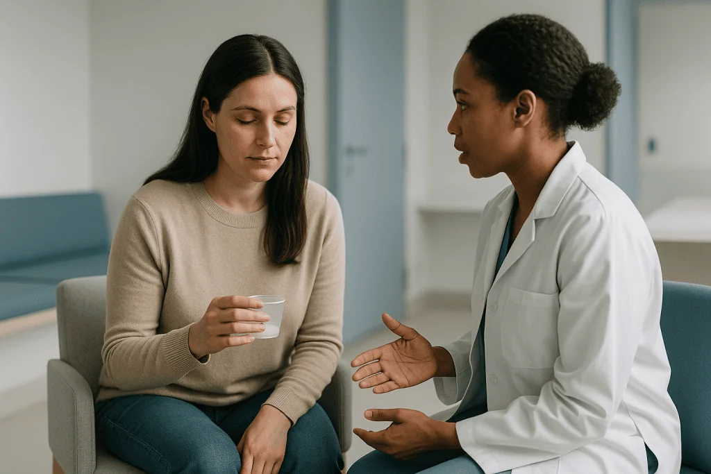 Healthcare professional consulting with female patient indoors: Who is usually offered treatment promptly, and who is usuall