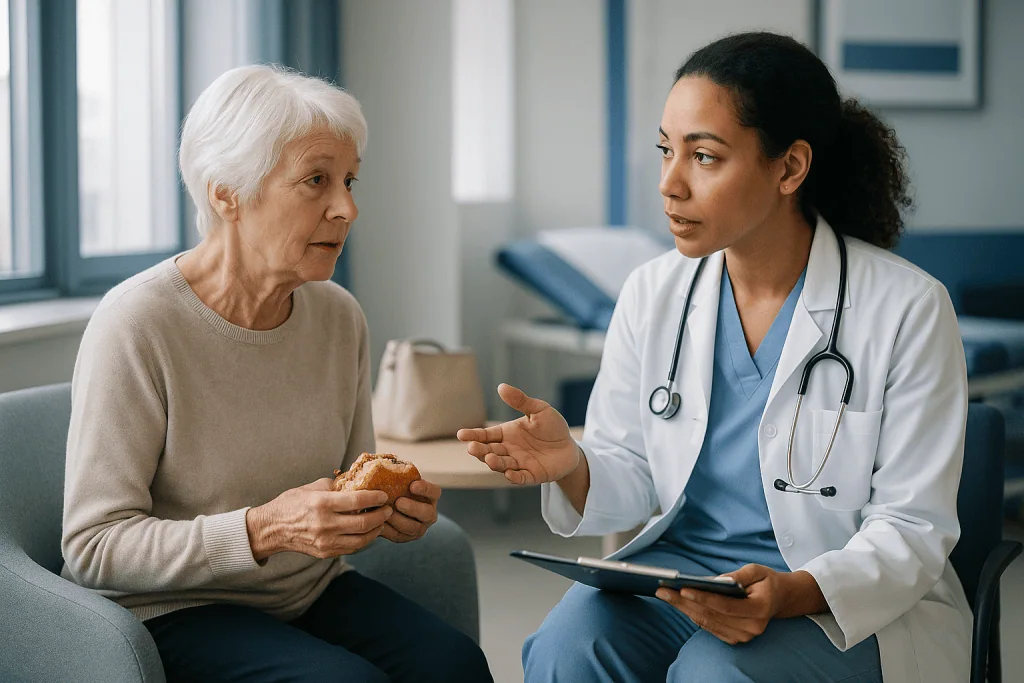 Doctor consulting elderly patient about food choices: Who is usually offered TURBT, and who is usually asked to wait
