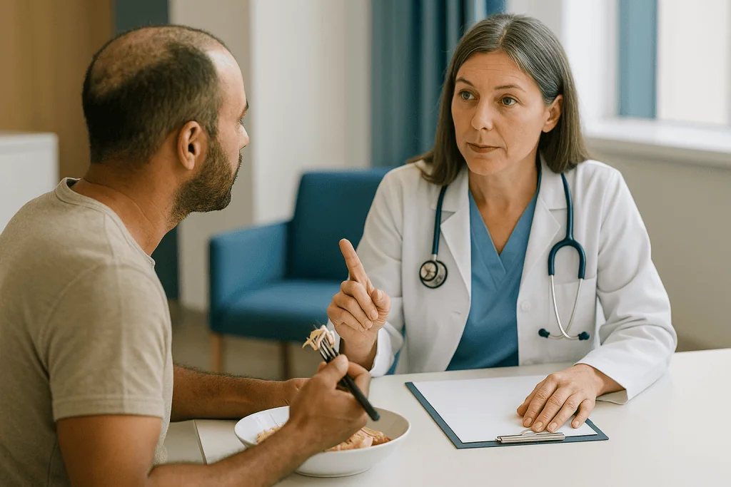 Doctor consultation with patient eating food at desk: Who is usually offered unshaven FUE, and who is usually asked to wait