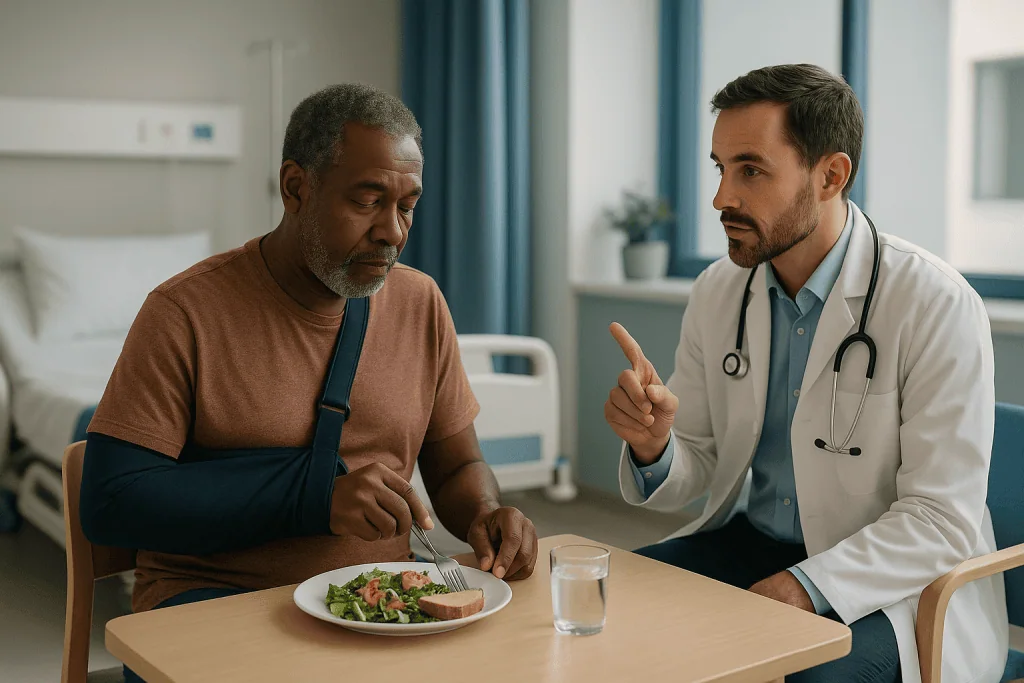 Doctor discussing nutrition with injured patient during meal: Who is usually offered upper limb surgery, and who is asked to