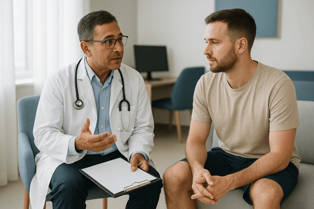 Doctor consulting with male patient in clinic: Who is usually offered varicocele repair, and who is asked to wait?