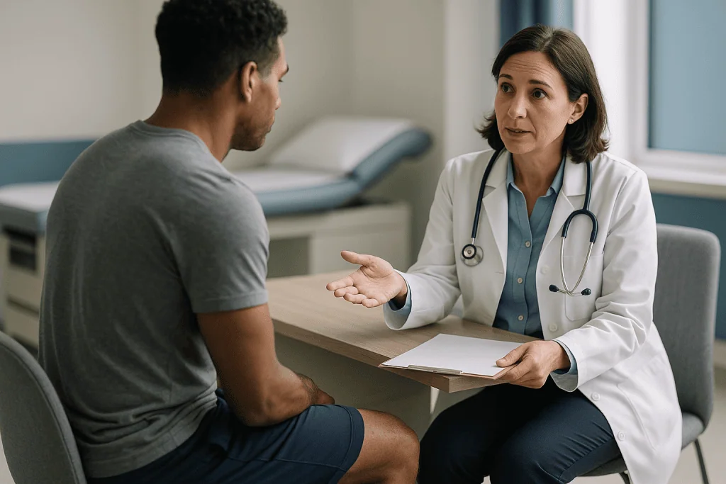 Doctor having consultation with male patient in clinic: Who is usually offered varicocele repair, and who is usually asked t