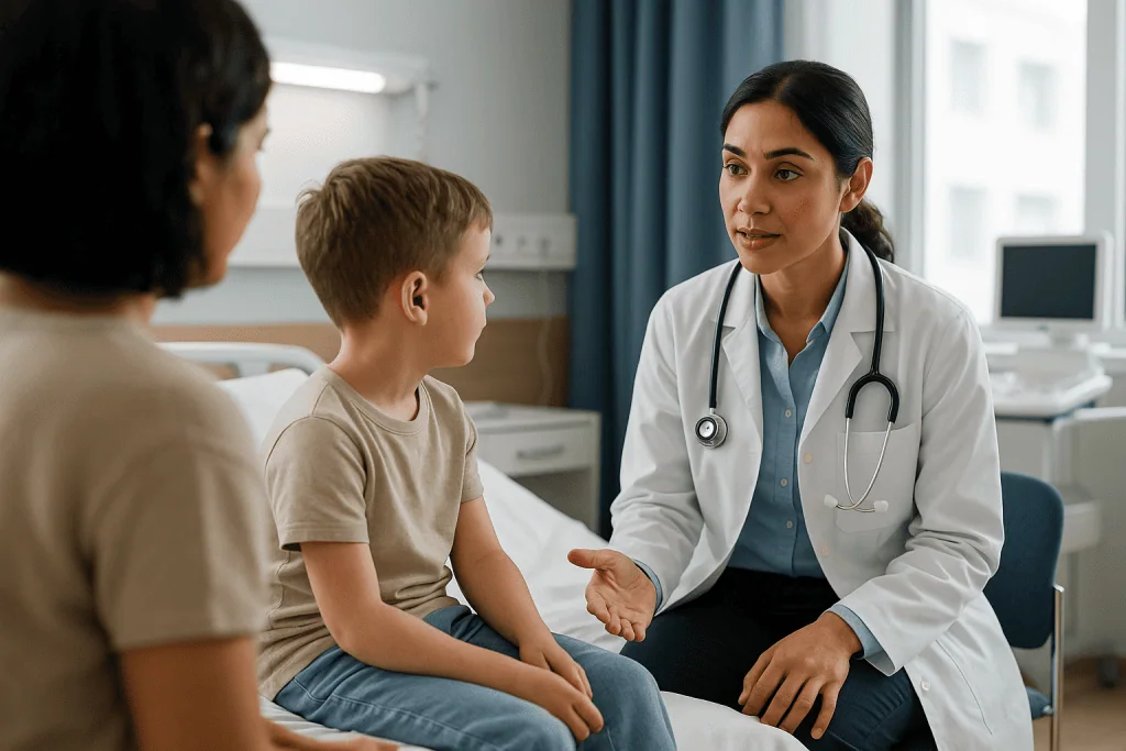 Pediatric doctor consulting with child patient and parent: Who is usually offered VUR surgery, and who is usually asked to w
