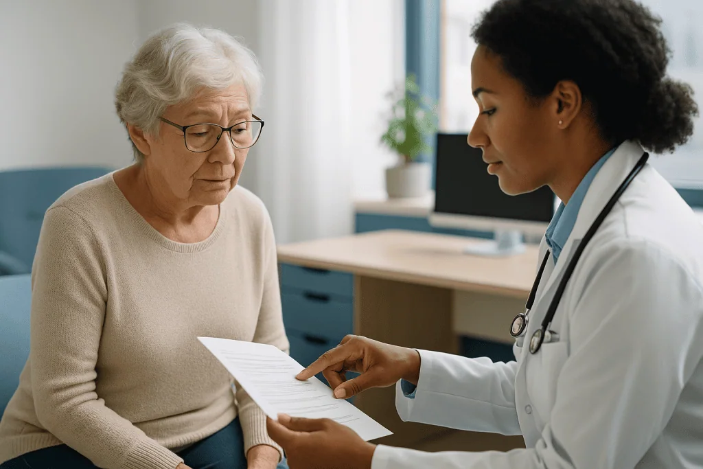 Doctor consulting elderly patient with medical document: Who is usually offered which treatment, and who is usually asked to