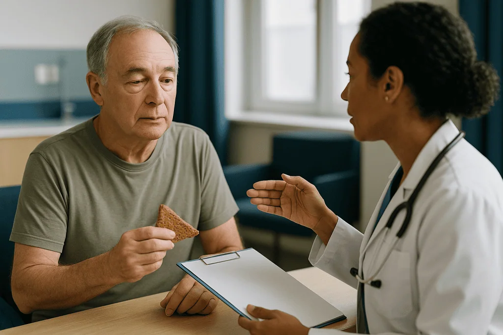 Doctor consulting with patient about nutrition or diet: Who is usually offered xanthelasma removal, and who is asked to wait